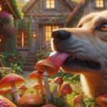 a realistic image of a dog eating magic mushrooms in a home yard with a resolution